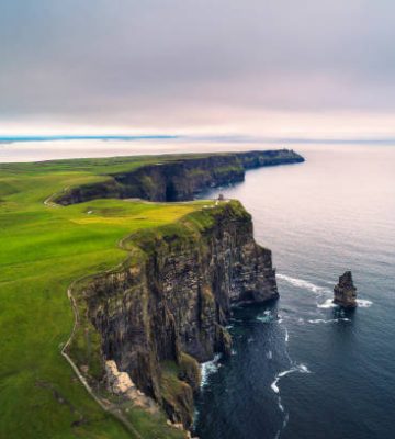 Aerial view of the scenic Cliffs of Moher in Ireland. This popular tourist attraction is situated in County Clare along the Wild Atlantic Way.